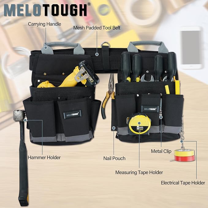 MELOTOUGH Electrician Tool Belt Set, Padded Work Rig with detachable Tool Pouches and Utility Apron, Combo Harness with Carry Handles for Carpenter Construction