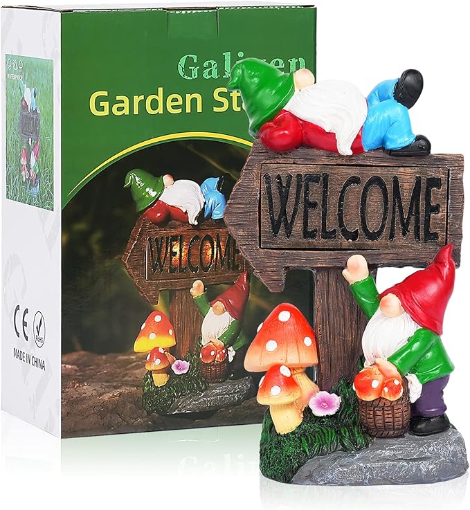 Galiyen Garden Gnomes Outdoor Clearance Large - 11.8'' Garden Gnome Statue with Solar LED Lights, Outdoor Spring Decorations for Patio Yard Lawn Porch Funny Gnomes Ornament Gift