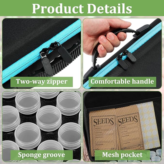 60 Slots Seed Storage Organizer Box with 7 Envelopes, 63 x Label Stickers Garden Seed Organizer with Zipper Bag Storage Container for Vegetable Flower Plants Garden (Blue)