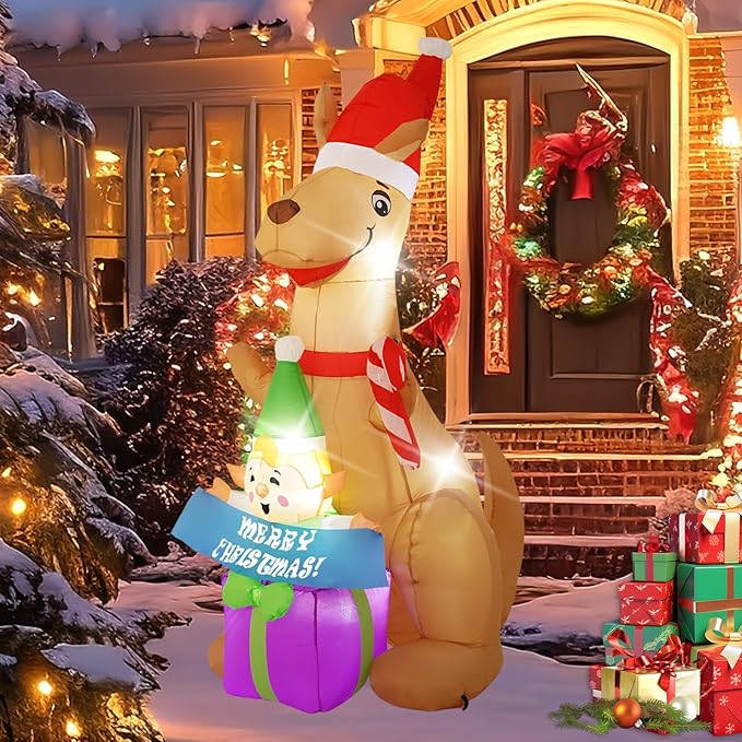 6FT Kangaroo Afu Inflatable Decoration with Built-in LED Lights, Christmas Outdoor Inflatable Decoration for Lawns, Yards, Gardens, and Patios