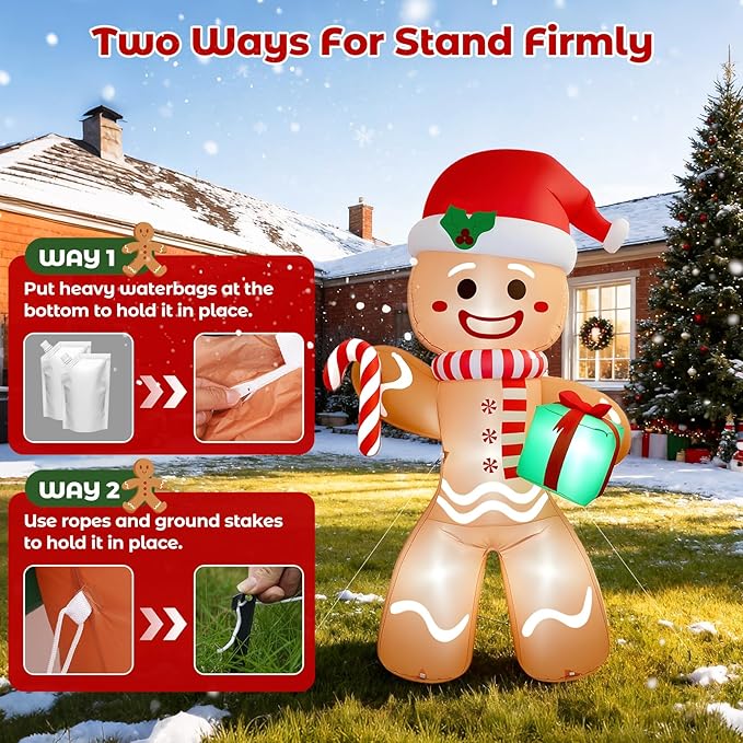 Christmas Inflatable Gingerbread Man, Blow Up Holiday Party Decor with Build-in LED Lights, Waterproof Inflatable Christmas Decorations for Outdoor Roof Yard Lawn Garden Indoor (Brown, 8FT)