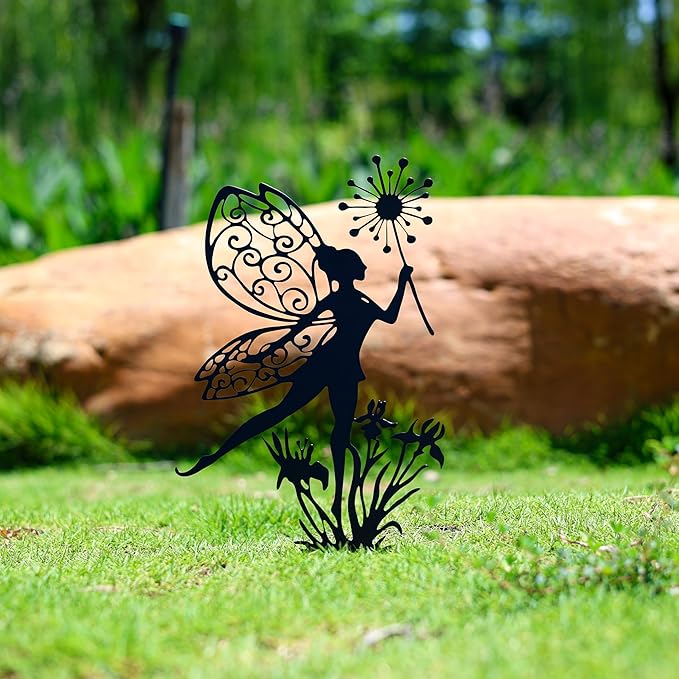 Fairy Garden Decor - 9-Piece Metal Garden Statue Deals for Outdoor, Yard & Lawn - Whimsical Iron Fairy Sculptures Set (11.8 Inch) (Nine Fairies)