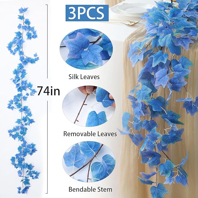 Mizii 3 Strands Artificial Vines Blue Ivy Garland 74" Fake Vine with Silk Leaves Faux Hanging Plants Greenery Decoration for Outdoors Wedding Party Indoor Bedroom Home Wall Room Decor (Blue)