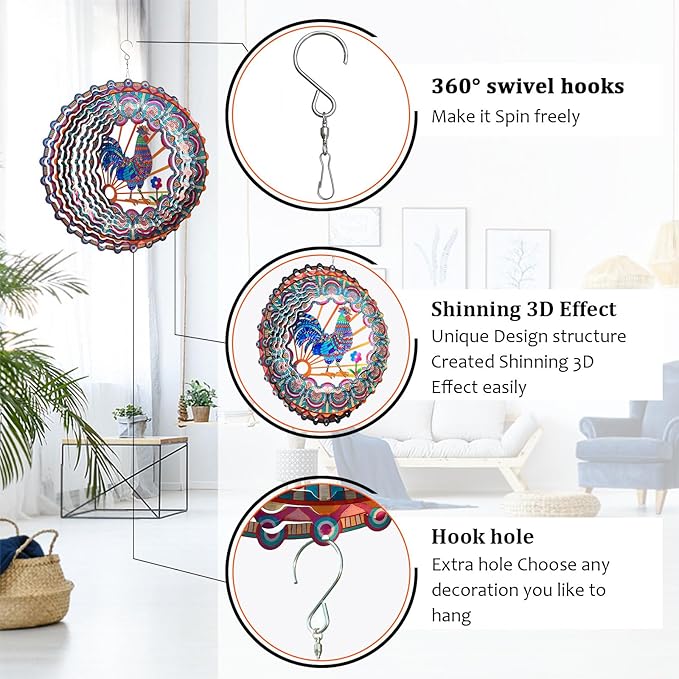 Rooster Wind Spinner - 3D Kinetic Chicken Wind Spinners | 12-Inch Rustproof Metal Hanging Sculpture, Outdoor Garden & Patio Decor, Unique Gifts for Dad, Mom, Men, Women