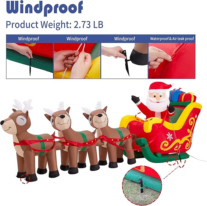9.5 FT Christmas Inflatable Santa Claus on Sleigh with 3 Reindeer, Blow Up Santa, Christmas Inflatable Outdoor Decorations with Built-in LED Lights for Indoor, Garden, Lawn, Holiday, Party