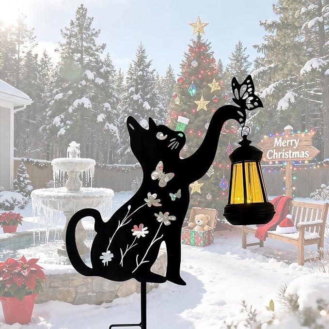 Metal Black Cat Christmas Decorations Outdoor Solar Lights Outdoor Garden Stakes Decorations Lawn Ornament Yard Art Gifts for Women Men Cat Lovers Gifts(1pc)