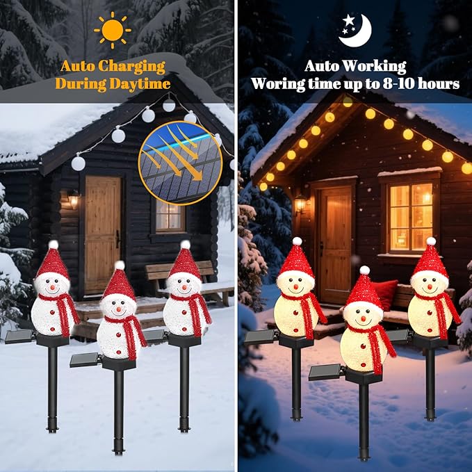 TOCHGREEN 3 Pack Solar Christmas Snowman Lights - Outdoor Waterproof Pathway Stake Lights, Solar Powered Decorations for Christmas Yard Path Patio Garden Porch Lawn Decor (Red)