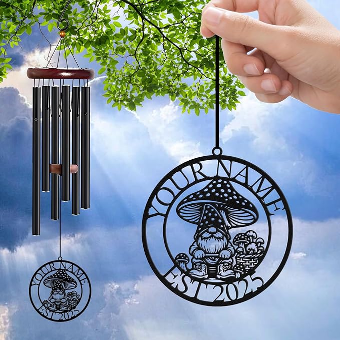 Personalized Customize Name Gnome Wind Chime, Metal Iron 37 Inch Outdoor Memorial Gift for Garden Yard Patio Home Decor, Black，Christmas (Style E)