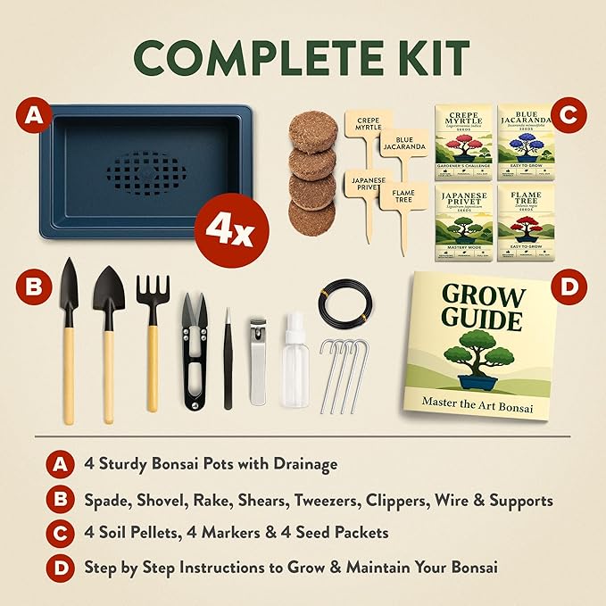 HOME GROWN Bonsai Tree Starter Kit – Unique Christmas Gift for Adults, Men & Women - Grow 4 Indoor Bonsai Trees from Seeds – Beginner DIY Crafts & Hobby Kit Gardening Gift for Plant Lovers, Mom & Dad