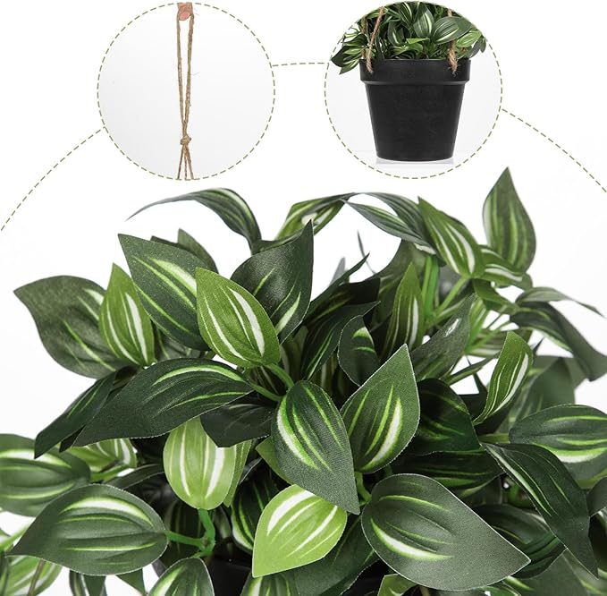 Briful Artificial Hanging Plants in Black Pot 17.7" Lifelike Trailing Faux Watermelon Peperomia Silk Plant with Cascading Green Leaves Fake Hanging Greenery for Indoor & Outdoor Home Garden Décor