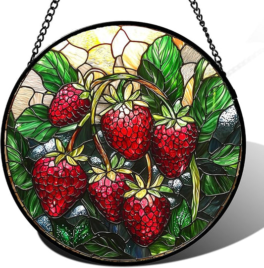 Stained Glass Suncatcher, Red Strawberry Green Leaf Sun Catcher Silver Background Stain Glass Window Hanging Decoration Mother's Day Birthday Gifts for Women Men Mom Nana 6.3 in