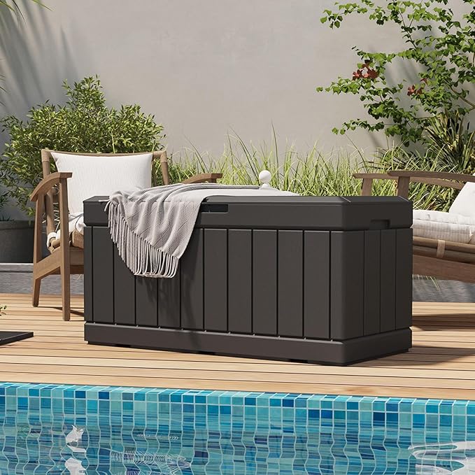 Patiolife 85 Gallon Resin Deck Box, Wood Like Outdoor Storage Box for Garden Tools, Pool Supplies, Waterproof and Lockable, Black