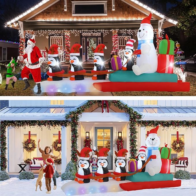 10FT Penguin Pulling a Polar Bear On a Sleigh Christmas Outdoor Inflatable Decoration, Built-in LED Lights and Flashing Lights, Suitable for Christmas Lawns, Gardens, and Courtyards