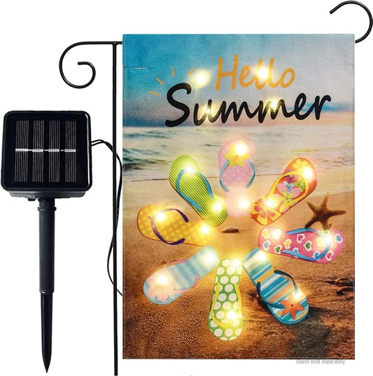 Hello Summer Beach Flip Flop Garden Flag with Lights- Solar LED Burlap Garden Yard Outdoor Flags Summer 12x18 Double Sided Banner for Patio Lawn Outside Decoration Farmhouse