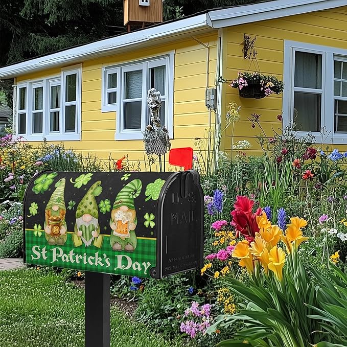 St Patricks Gnomes Mailbox Cover - Shamrock Mailbox Covers Magnetic Standard Size 21x18 in -Decoration for Garden - Green Clover