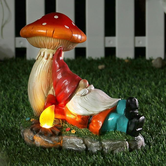 Christmas Garden Gnomes Statues with Solar LED Light, Solar Powered Gnome Sculptures for Patio Yard Lawn Balcony Decor Mother's Day Birthday Gifts for Women Mom 8.5 Inch