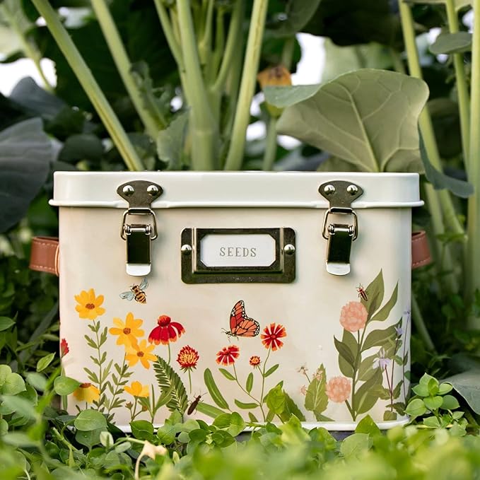 1Canoe2 Wildflower Botanicals Tin Seed Organizer Storage Box, Garden Seed Packet Vault Container, Gardening Supplies, Greenhouse Accessories, Gardening Gifts for Women