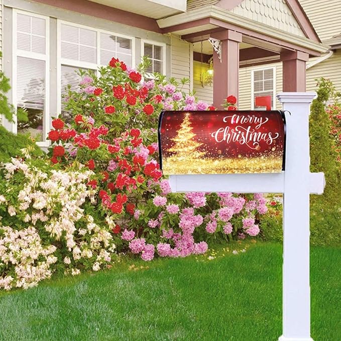 Mailbox Covers Merry Christmas Red Gold Magnetic Letter Post Box Cover Standard Size 25.5 x 21 Inch Garden Yard Home Decorative