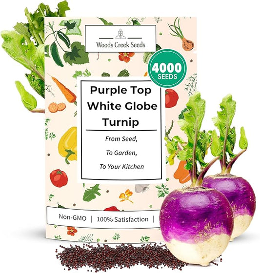 Woods Creek Seeds: Purple Top White Globe Turnip Seeds for Planting - Heirloom Root Vegetable Variety - Fast Growing Turnips with Edible Greens - Non-GMO Garden Seeds for Fall or Spring