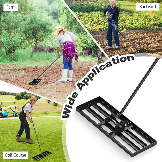 30" x 10" Lawn Leveling Rake, Heavy Duty Landscape Rake with 67" Handle, Non-Slip Grip & Flat Head, Space-Saving Lawn Level Tool for Garden, Backyard, Golf Course & Sports Field(Green)