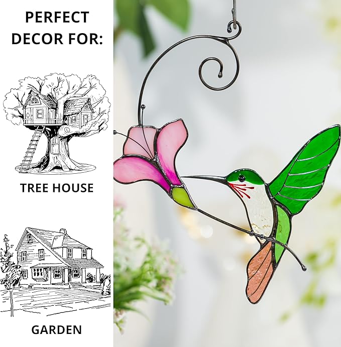 Multicolor Hummingbird Handmade Stained Glass Suncatcher Genuine Stained Glass Window Hangings Unique Indoor Ornament & Outdoor Decor (Green Hummingbird)