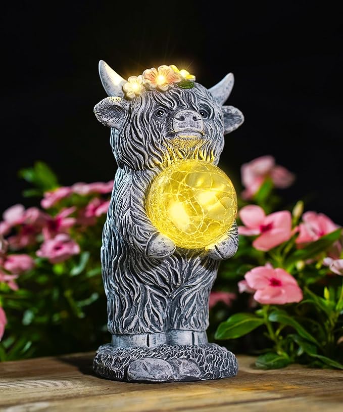 Solar Highland Cow Outdoor Decor:Garden Statue Sculpture Lamp with Ball for Yard Lawn Balcony Patio Porch- Birthday Gifts for Mom Women Grandma(Grey)