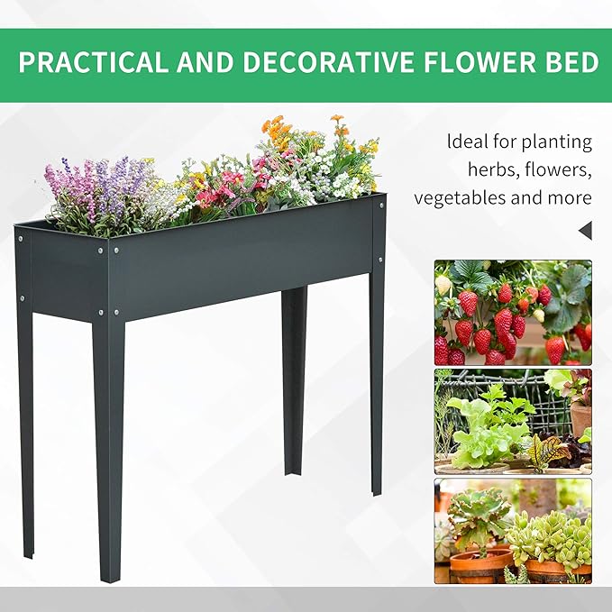 Outsunny Metal Raised Garden Bed, Elevated Planter Box with Legs and Drain Holes, Dark Gray