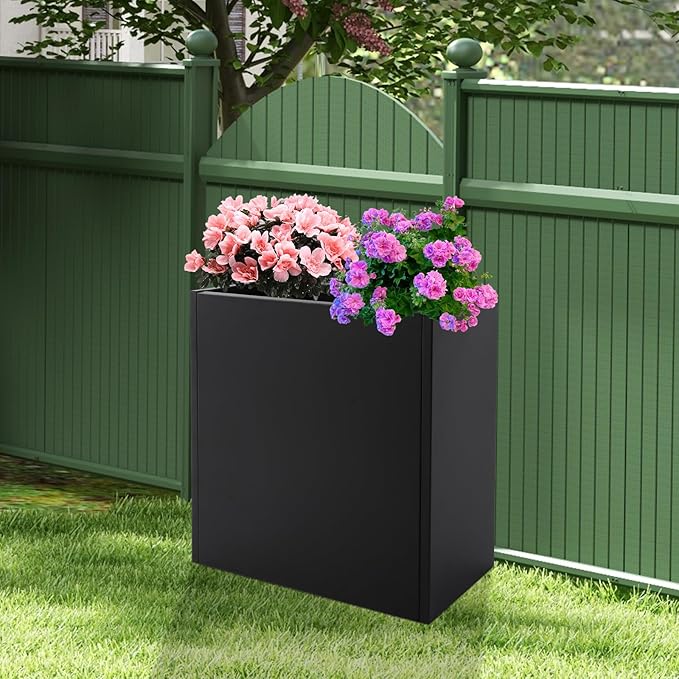 Metallic Heavy Planter Box, Large Metal Planter with Removable Insert Shelf for Outdoor/Indoor, Tall Trees, Plants, Flowers, Easy Assembly (Black, 28 * 12 * 28inch)