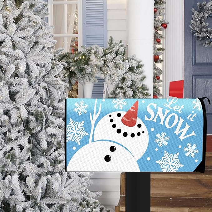 Winter Snowman Blue Mailbox Cover Magnetic Standard Size 20.5" x 18", Let It Snow Snowflake Decorative Post Letter Box Wrap Decor, Christmas Seasonal Garden Yard Outdoor Decoration
