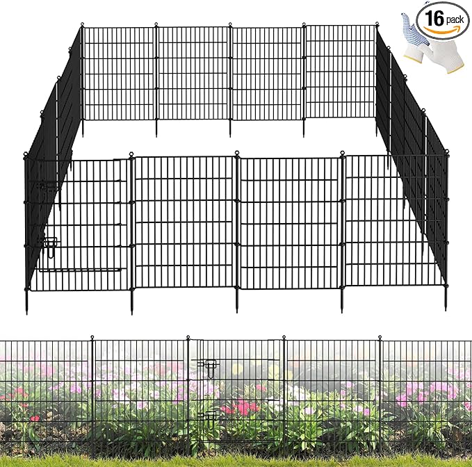 16 Panels Garden Fence,Rustproof Metal Fence Panels - 32in (H)×37.8ft (L) Garden Fencing Animal Barrier with Gate,Dog Fence Outdoor for Yard