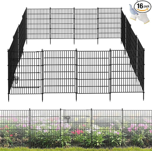 16 Panels Garden Fence,Rustproof Metal Fence Panels - 32in (H)×37.8ft (L) Garden Fencing Animal Barrier with Gate,Dog Fence Outdoor for Yard