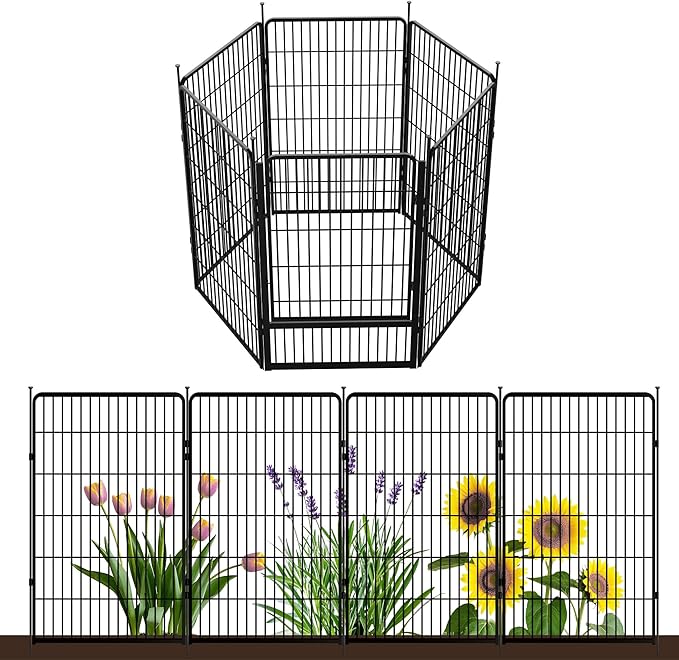 SunsGrove Tall Garden Fence with Gate, 45 in(H) x 13.4 ft(L) 6 Panels Heavy Duty Metal Animal Barrier Fence for Yard, Suitable for Indoor or Outdoor Dog Pet Fence, Garden Fence Border, Black