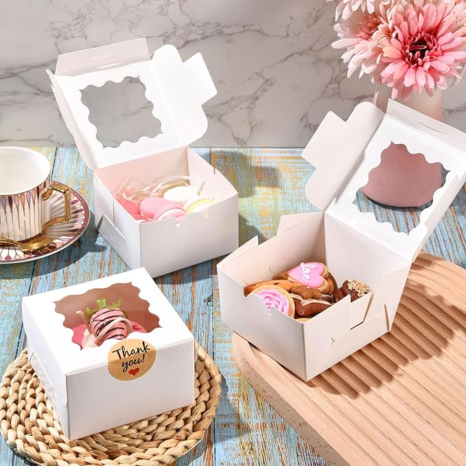 48 Pcs Cookie Boxes with Window, 4x4x2.5 Inches White Bakery Boxes with Stickers & Parchment Paper for Cookies Treats Desserts Donuts Pastry Macaroon, Gift Giving Party Wedding Favor