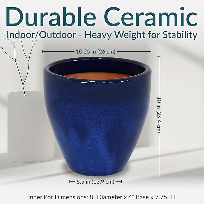 Sunnydaze Round Resort Ceramic Planter - Set of 2 Indoor or Outdoor Plant Pots with Drainage Hole - 10" - Imperial Blue Glaze