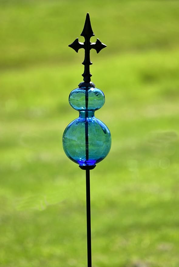 Zaer Ltd. Colored Blown Glass Garden Stake with Cast Iron Finial on Top (Pack of 2) (Cobalt Blue)