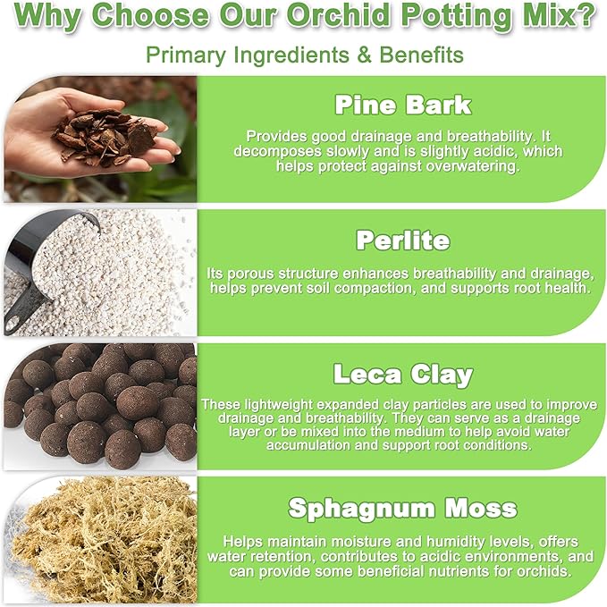 Orchid Bark Potting Mix - 18QT Fast-Draining Soil with Pine Bark, Perlite, Moss & Leca Clay, Breathable Mix for Healthy Roots,Ideal for Repotting & Indoor Orchid Plants