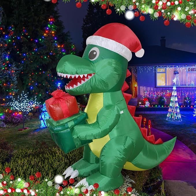 Christmas Inflatables Dinosaur Lighted Yard Lawn Inflatable Decoration with Built-in Fan and Stakes Ropes Holiday Party Decor, Christmas Decor (5FT- Dinosaur Holds Giftbox)