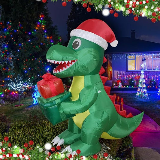 Christmas Inflatables Dinosaur Lighted Yard Lawn Inflatable Decoration with Built-in Fan and Stakes Ropes Holiday Party Decor, Christmas Decor (5FT- Dinosaur Holds Giftbox)