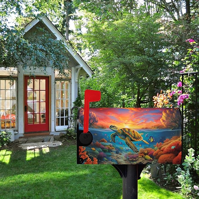 Sea Turtle Mailbox Covers Magnetic Large Size Ocean Animals Mail Box Post Cover Summer Mail Box Wraps Mailbox Decor Waterproof for Garden Yard Oversized 25.5 X 21 Inch