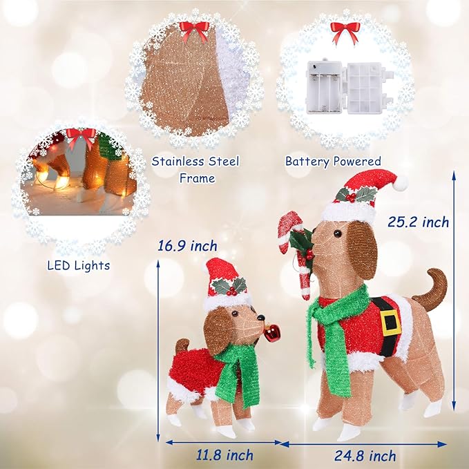 Lighted Outdoor Dog Christmas Decorations, 2 Pack Collapsible Pre-lit Beagle Dog with Candy Cane and Santa Hat Light up Puppy Xmas Decor for Indoor Outdoor Garden Yard Lawn Holiday Display