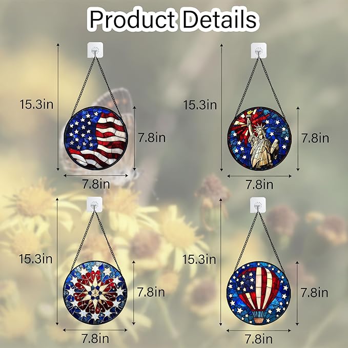 Stained Glass Window Hanging 4 Pcs Set Red Blue Flag Freedom Theme 7.8" - Suncatcher Door Garden Sun Catcher Decor Birthday Christmas for Mom Woman Nana Men Friend