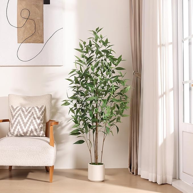 Artificial Eucalyptus Tree，5FT UV Resistant Fake Outdoor Plants,Artificial Plants Indoor with White Planter,Silk Leaves,Faux Tree for Home Decor Floor Porch Liveing Room