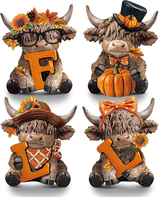 Sosation 4 Pcs Fall Highland Cow Figurines Autumn Pumpkin Highland Cow Gnomes Maple Leaf Scottish Resin Statue Calf Lovers Gifts for Thanksgiving Home Garden Kitchen Office Tiered Tray Table Decor