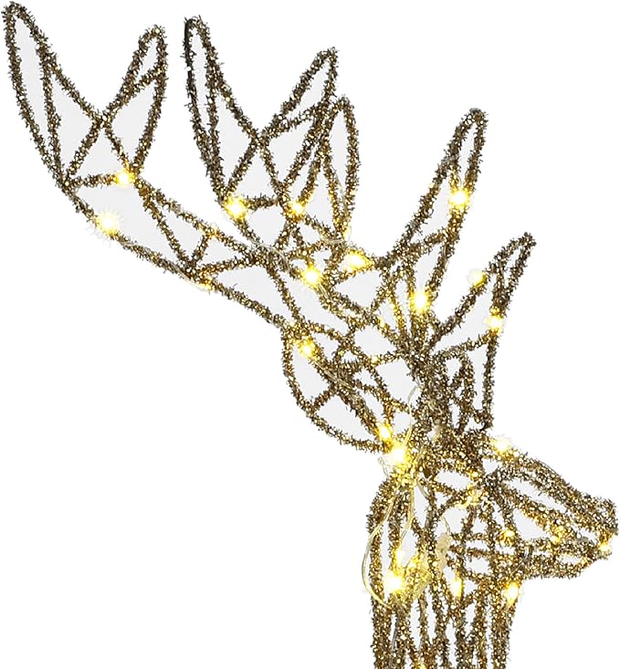 LuxenHome 3PCs Reindeer Christmas Decoration, Gold Reindeer Family with Glitter, 260 LED Lights, Indoor & Outdoor Lighted Christmas Decorations for Lawn, Front Porch, Xmas Holiday Yard Display