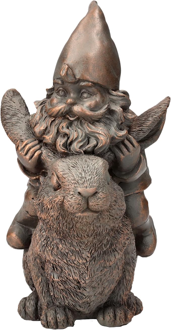 Pacific Giftware Bronze Gnome on Bunny Figurine, 8.07-inch Height, Gold Cast Broze, Table Decoration