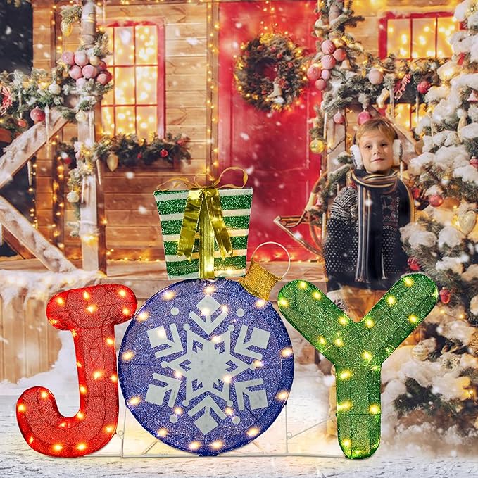 Lighted Christmas Joy Outdoor Decoration 3D Joy with Gift Box Glittered Lighted Up Standing Ornament Outdoor Indoor Christmas Decoration for Home Lawn Yard Garden Display