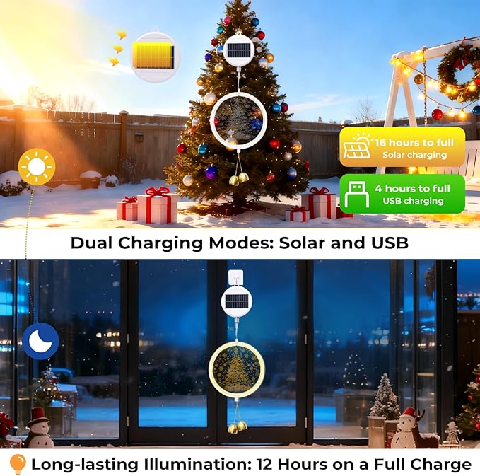 Solar Hanging Lights - Outdoor Indoor Christmas Decorations for Window, Garden, Patio, Porch,Holiday Home Decor, (Glowing Tree)