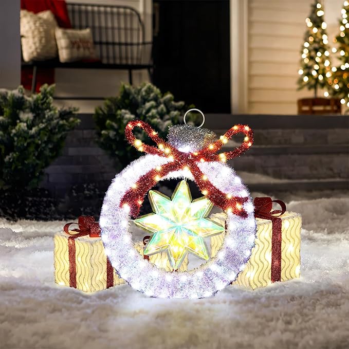 LuxenHome 2FT Lighted Ornament Christmas Outdoor Decorations, Large Light Up Christmas Ornament with Red Bow Yard Decorations Outdoor with 120 LED Lights, Lawn Decor for Xmas, Porch Display