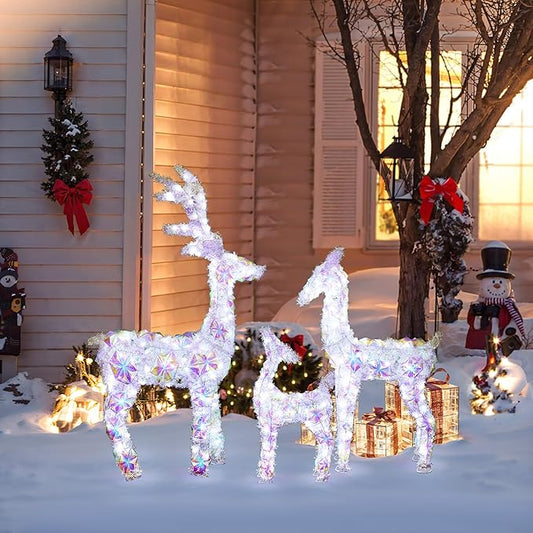 LuxenHome 3PCs Reindeer Christmas Decoration, Laser Tinsel & Holographic Reindeer Family with 340 LED Lights Front Porch Christmas Decorations Outdoor & Indoor Use, Lawn, Porch, Holiday Yard Display