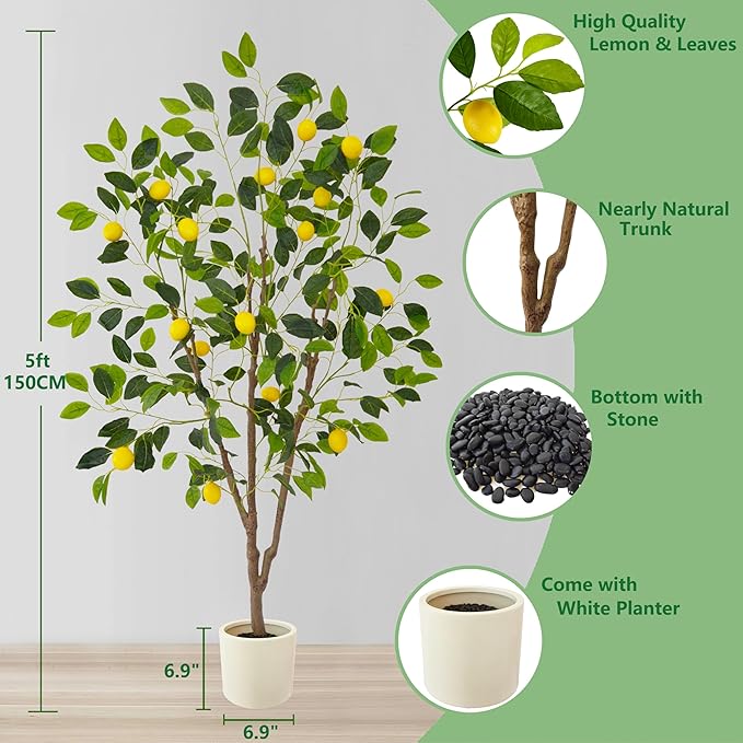 Artificial Lemon Tree, 5ft Tall Fake Lemon Silk Plant with White Planter, Faux Lemon Plastic Fruit Tree for Indoor Home Decor Office Garden